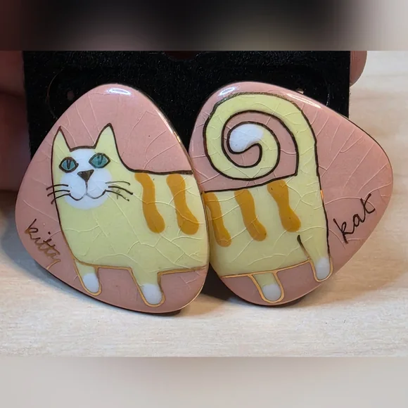 Unique And Whimsical Laurel Burch 90s Style Cat Or Kitty Kat Pierced Earrings - Picture 3 of 14